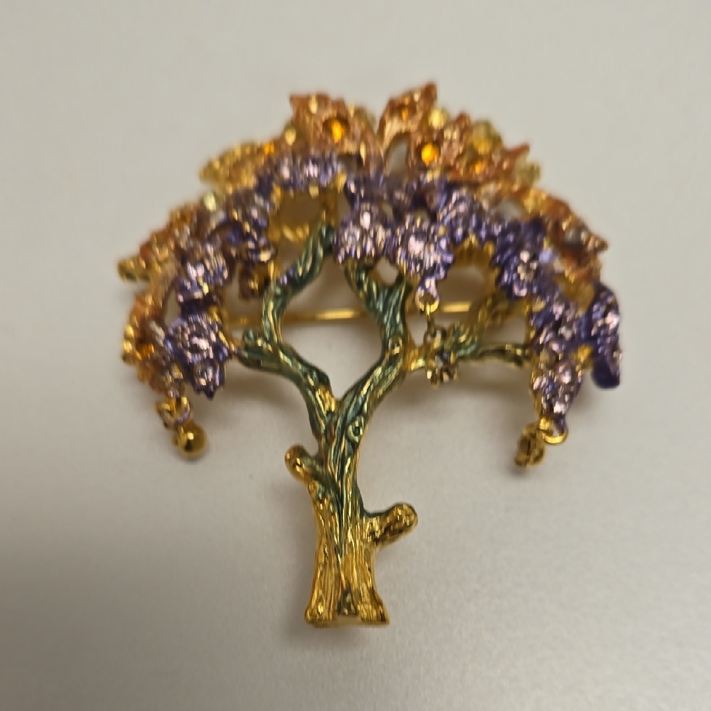 R.J. Graziano Signed French Enamel Rhinestone Tree Brooch